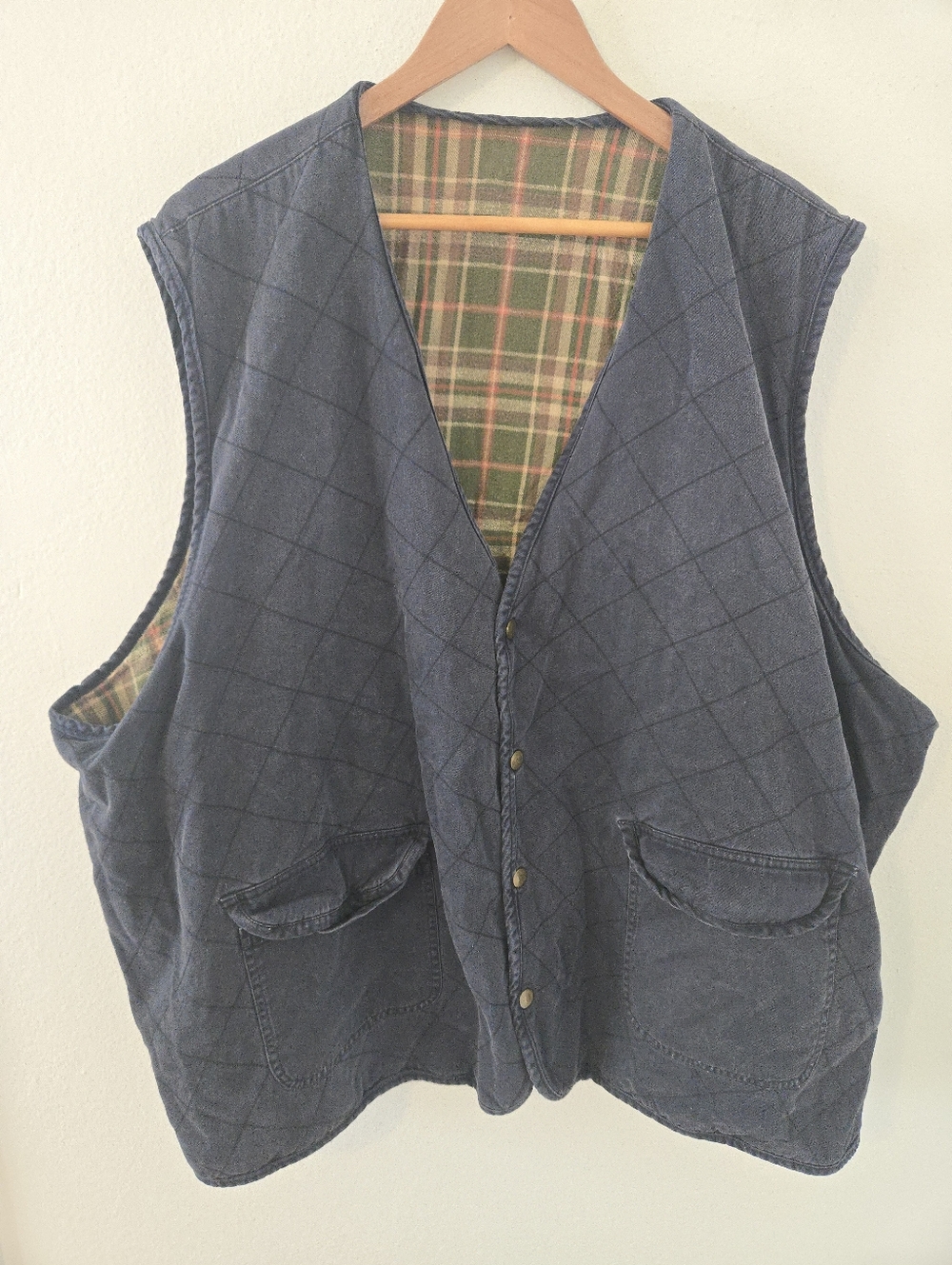 Vintage Color Works Farmer Workwear Quilted Button Vest Mens XL Plaid Blue